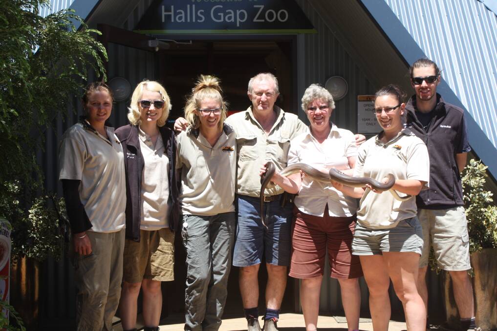 Greg (centre) and Yvonne Culell, holding Oska the olive python, with Halls Gap Zoo staff.