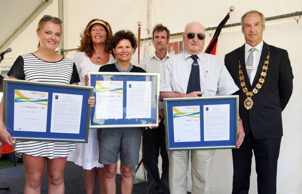  Moyne Shire award  recipients Casey Vallance, Peterborough Seaside Festival’s Lynette Smurthwaite, Christine Norton and Denis O’Connor and citizen of the year Vic Ludeman celebrate with mayor James Purcell. 