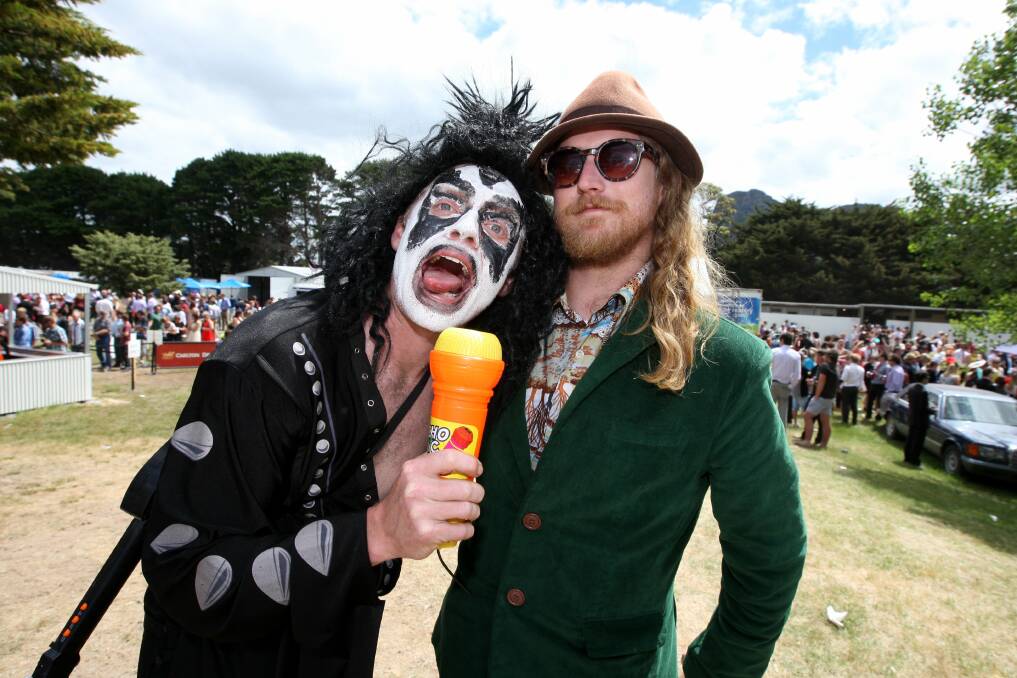 Nick Burchell (left) and Peter Cross, from Ocean Grove, enjoy the colourful festivities at Saturday's Dunkeld races.