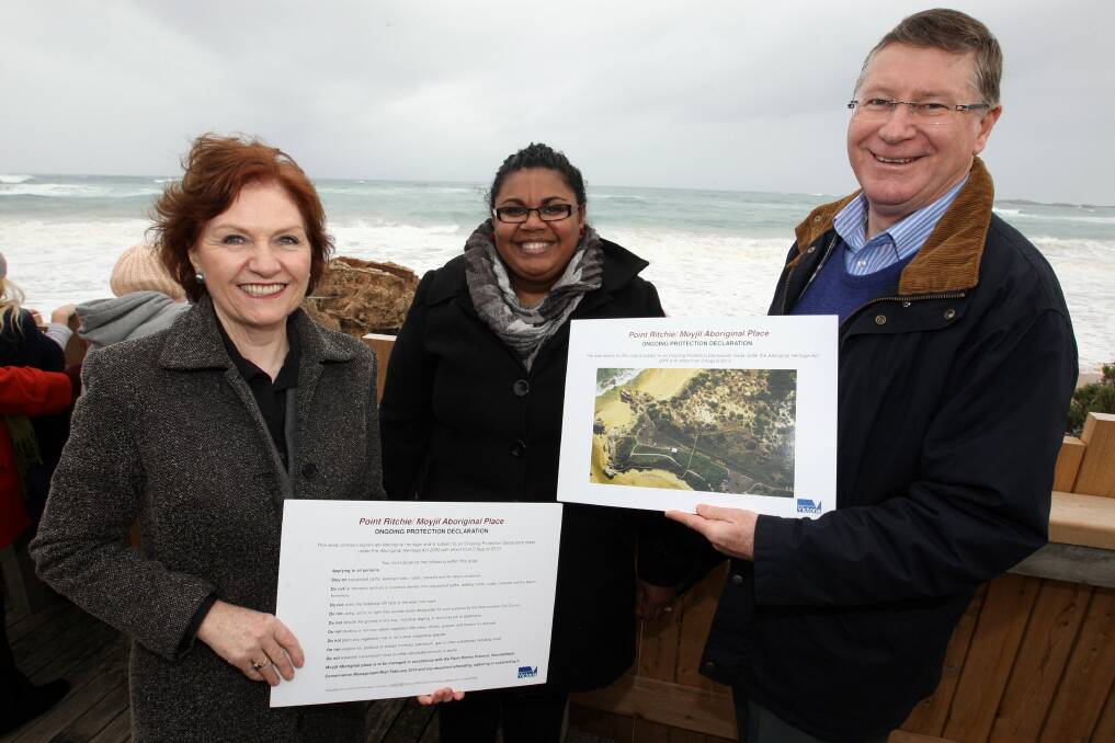 Aboriginal Affairs Minister Jeanette Powell (left), Keicha Day and Premier Denis Napthine inspect Point Ritchie yesterday after it was approved for the highest level of state protection.