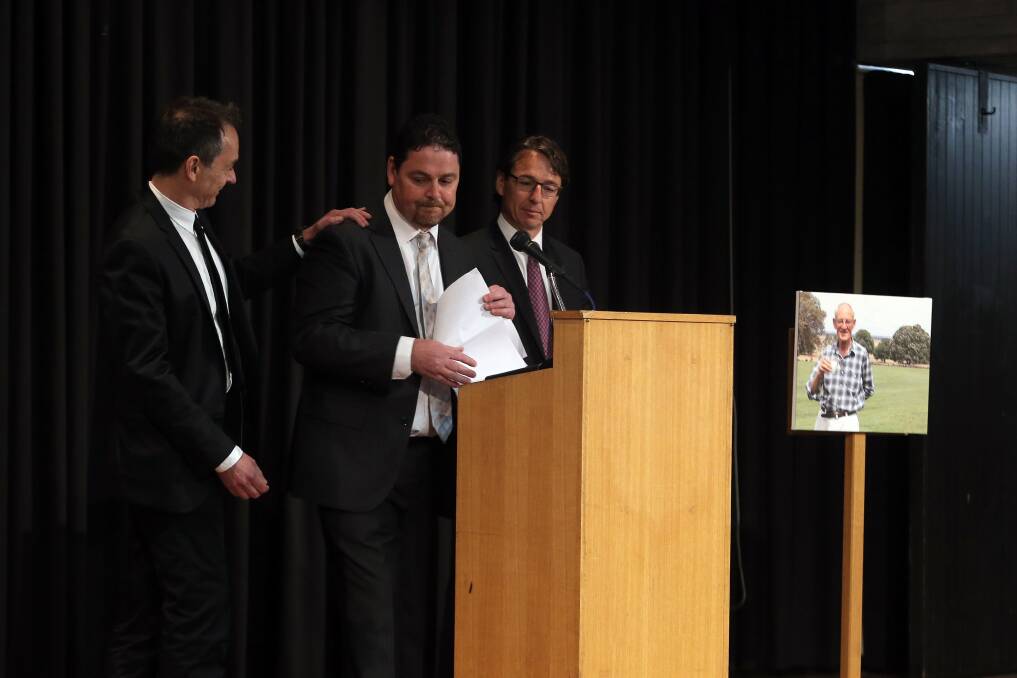 Marcus (left), Carl (centre) and Simon Hunt deliver eulogies for their late stepfather, Niel Black, yesterday. 