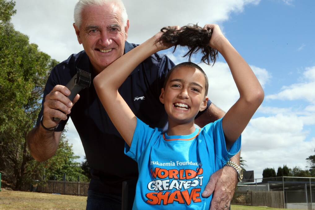 Cudgee Primary School pupil Rhiannah Maddocks, 11, had her head shaved in front of classmates by her grandfather, Jeff Maddocks, in a bid to raise money for leukaemia research. 