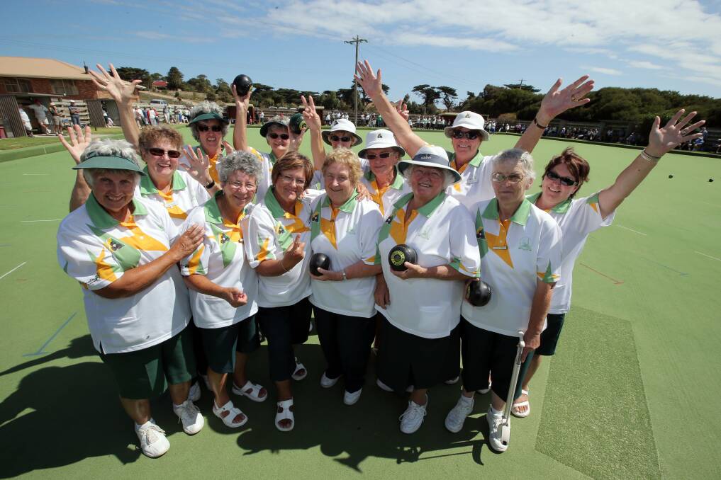 Western District Bowls Division division one winning team Terang celebrates yesterday. 