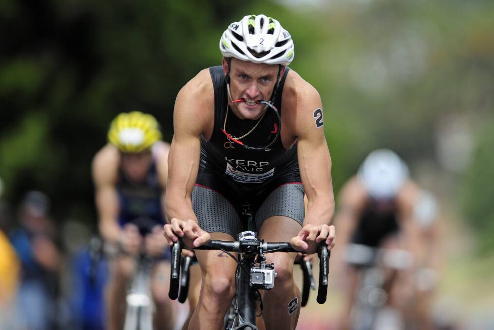 Peter Kerr on his way to third place in an International Triathlon Union sprint in Geelong on Sunday.