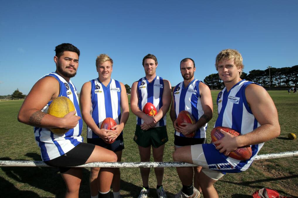 New Russells Creek recruits (from left) Chris Malone, Eddie Jacobs, Zac Pickett, Nick Whiting and Kurt Smith at training at Mack Oval this week.