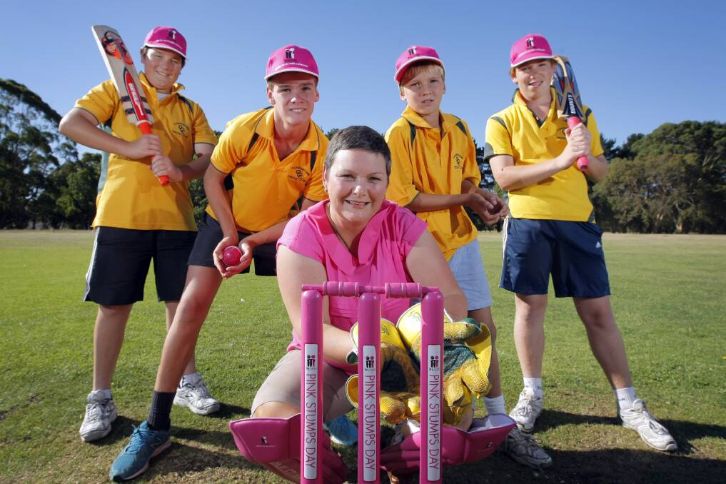 Callum McIlveen (left), 15, Jack Atkins, 14, mum and cancer survivor Paula Atkins, Ben Atkins, 10, and Jordan Riches, 14, will take part in the Pink Stump Day at Camperdown Cricket Club on Saturday. 