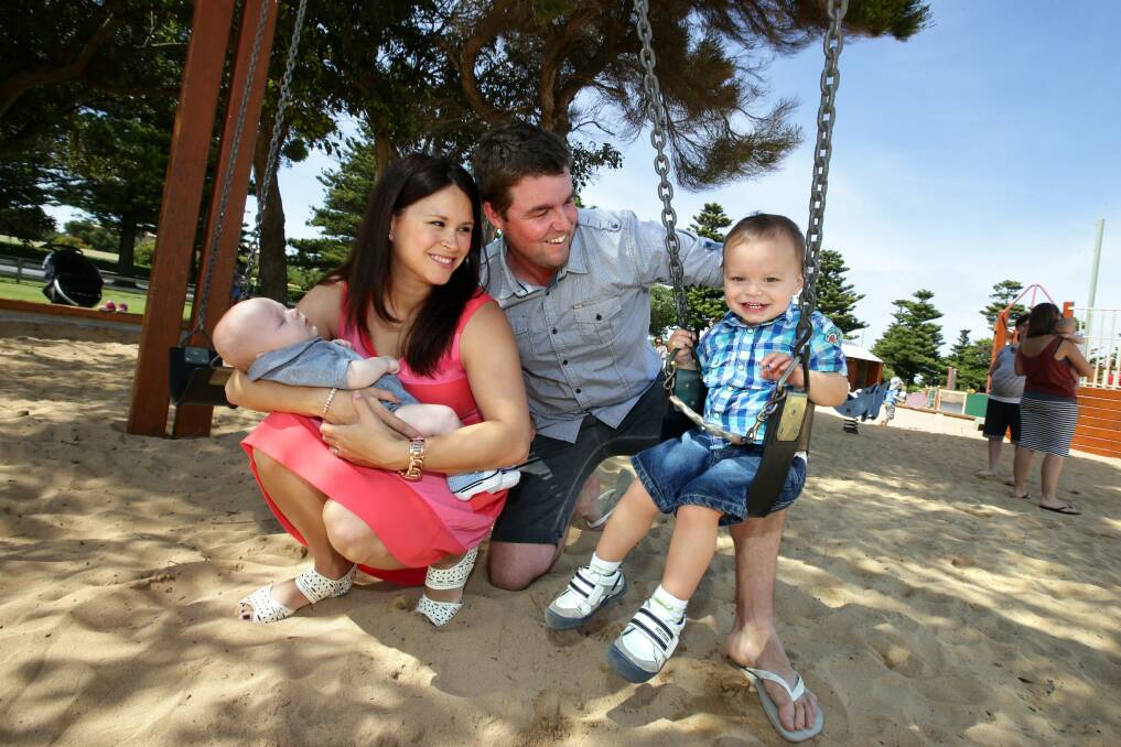 Marc and Audrey Leishman enjoy time with sons Oliver, five months, and Harvey, 2,  at Lake Pertobe.