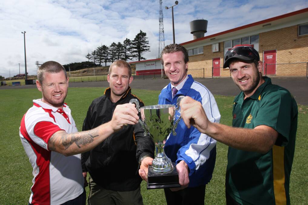 Dennington coach Ben Parkinson (left), Merrivale coach Karl Dwyer, Russells Creek coach Jay Everall and Old Collegians coach Daryl Beechey will compete in a new pre-season football competition at Friendly Societies’ Park. 