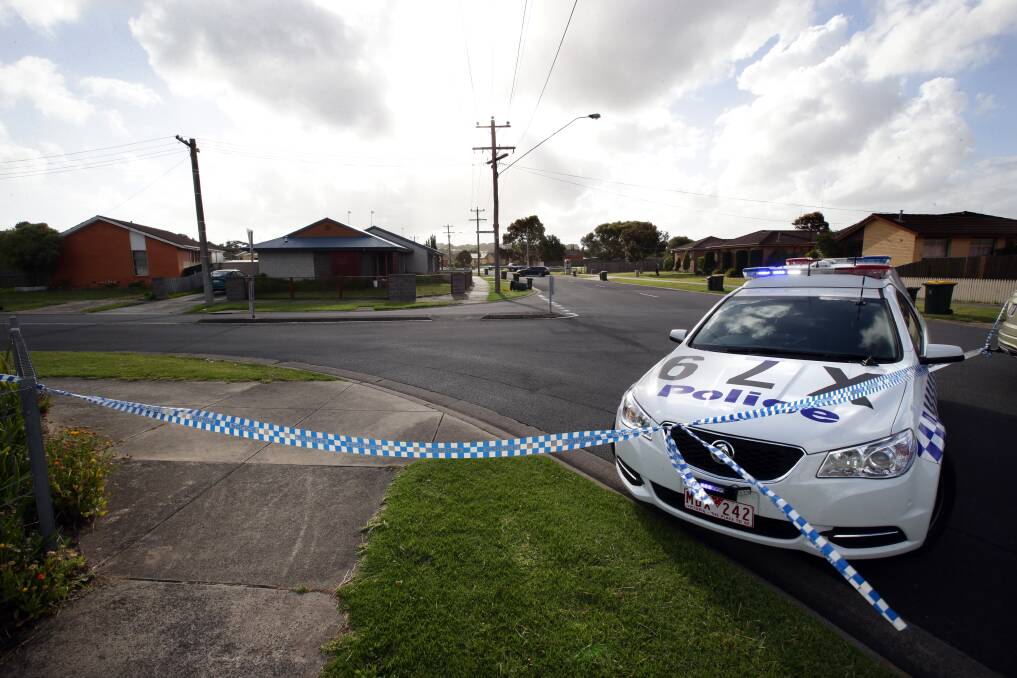 A police vehicle is used to block access at the corner of Wanstead Street and Glenrowe Avenue in east Warrnambool during yesterday’s shooting drama. 