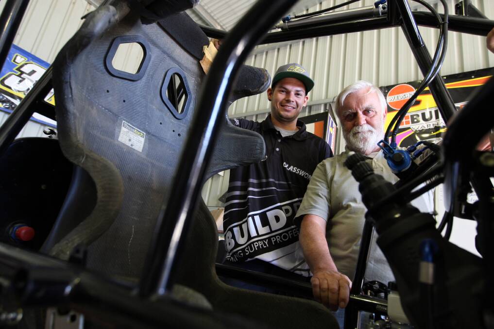 Warrnambool’s Harry Droste (front) and sprintcar driver Shaun Dobson, from Tasmania, are ready for the Grand Annual Sprintcar Classic this weekend.