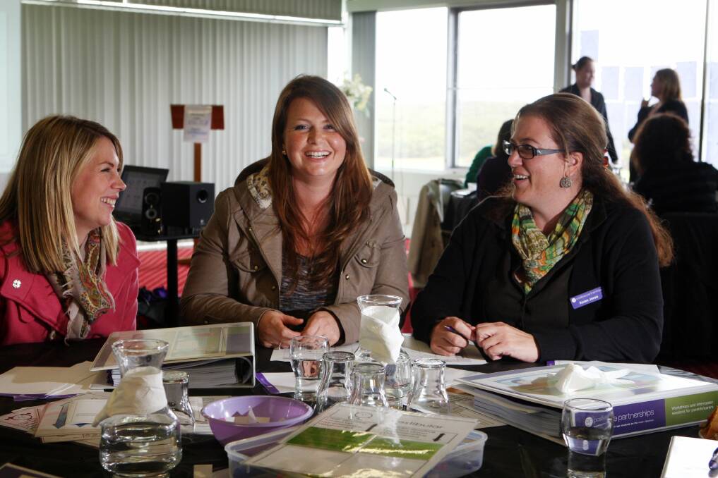 Positive Partnerships facilitator Jessica Tucker, (left) from Warrnambool, Shannon Rea, from Childers Cove, and Positive Partnerships project manager Karen Jones, from Sydney, at the workshop. 