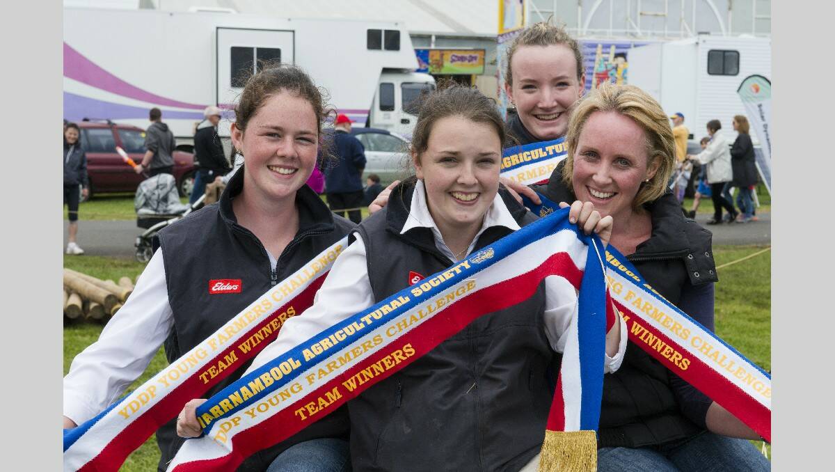 Warrnambool Show 2013: The winning Emmanuel College entrants in the YDDP farm skills contest, Team Penny, consisting of (left to right) Brianna Conheady, Rachael Mackenzie, Jacquline Tippett and teacher Penny Ryan. 131026SH21  Picture: STEVE HYNES