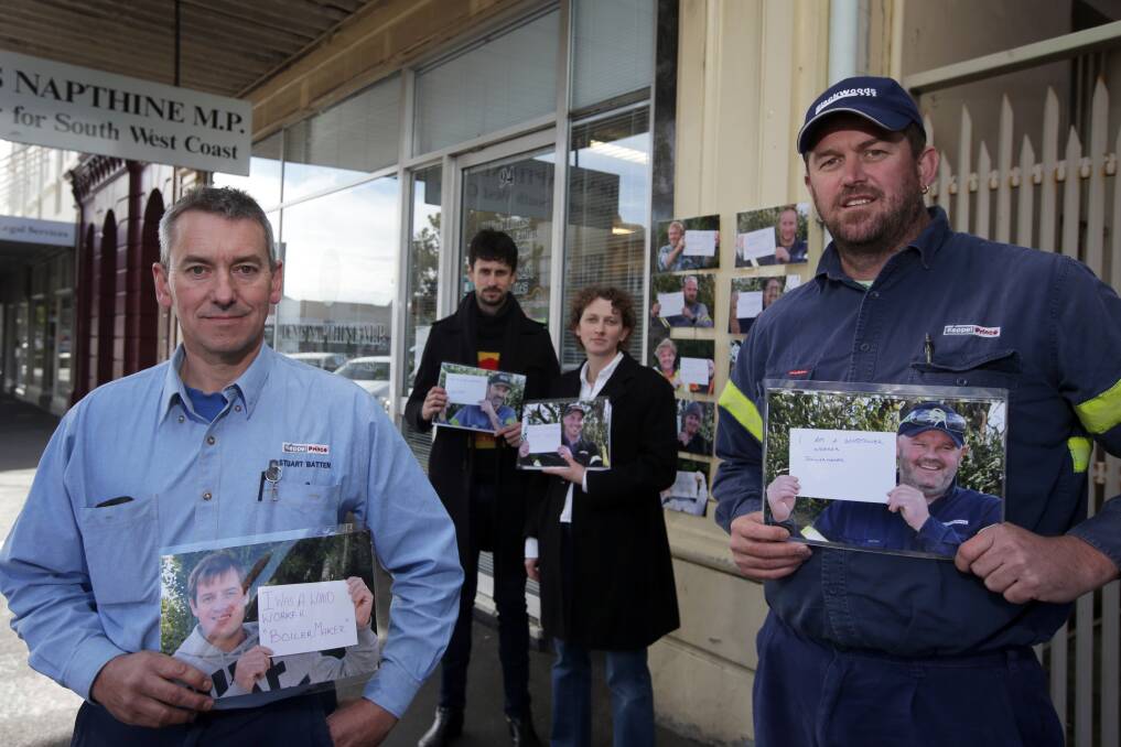 Alliance members Stuart Batten from Keppel Prince (left), Leigh Ewbanks of Yes2Renewables, Angela McFeeters of VicWind and Jason Bannam of Keppel Prince deliver a letter supporting wind farms to Premier Denis Napthine’s Warrnambool office. 