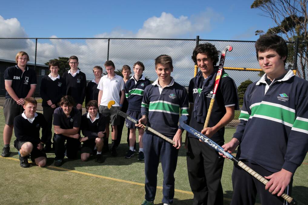 Year 12 students Jakob Stennett, 18 (front left), team co-captains captain Lachlan Miller, 18, and Matthew Hoy, 17, and the rest of the Warrnambool College senior boys’ team will today attempt to repeat the school’s 2009 Schools Sport Victoria hockey championship win. 140813RG16 Picture: ROB GUNSTONE
