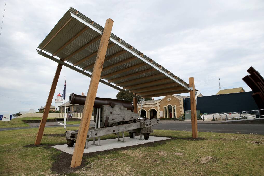 A new shelter protects the teak gun carriage and cannon outside  Flagstaff Hill Maritime Village. 