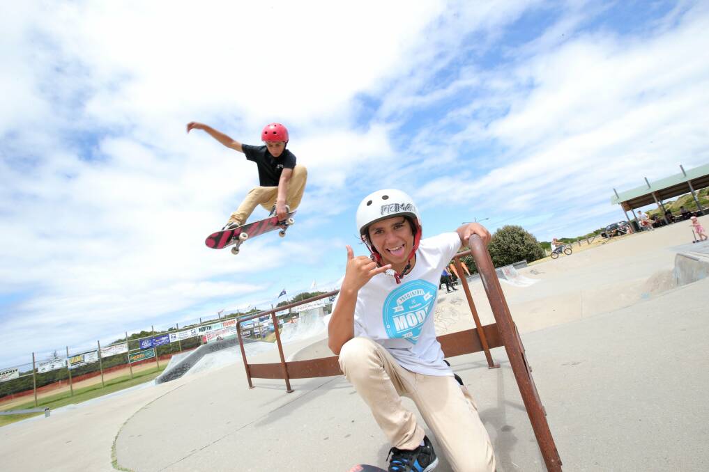 Warrnambool 13-year-old skateboarders Jesse (back) and Billy Abrahams prepare for tomorrow’s Barwon South Western League Skate, BMX and Scoot Series opening round. 