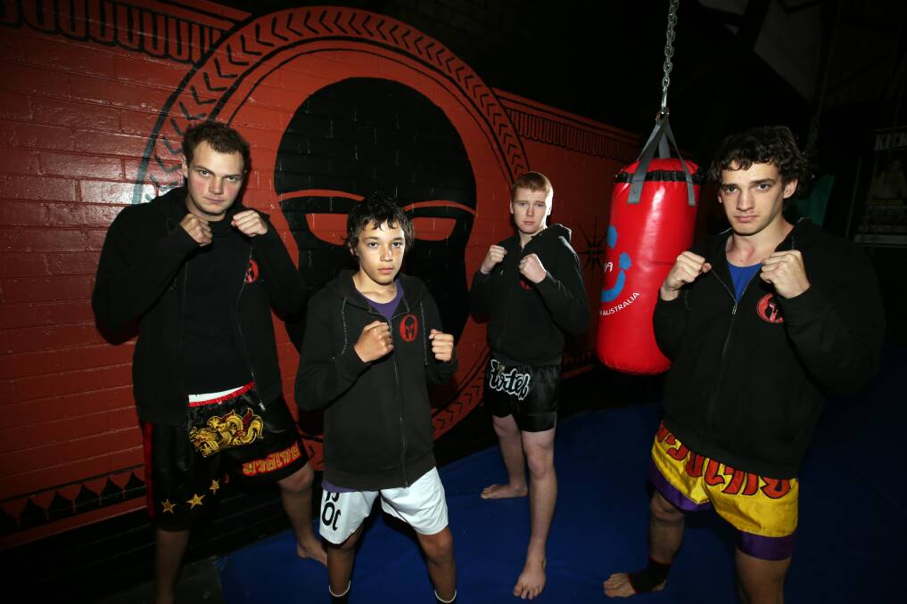 Muay Thai novice fighters (from left) Chris Smith, James Russell, Dale Rea and Bernie Mahony train at Warrnambool Spartans Combat Systems Gym for Sunday’s  interclub competition in Melbourne.