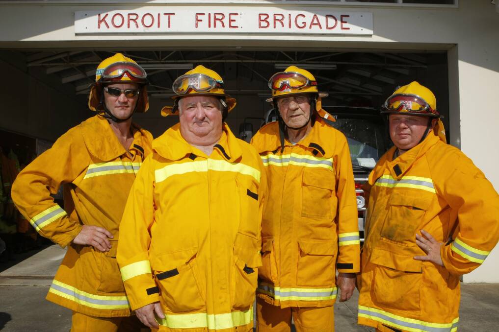 Koroit CFA volunteers, from left, lieutenant Alistair Cozens, fire fighters Jack Keane, Ivan Frankcombe and Andrew Gilding, and all of the other local members, were hard at work keeping control of fires as they flared around the district. 130104RG30 Picture: ROB GUNSTONE