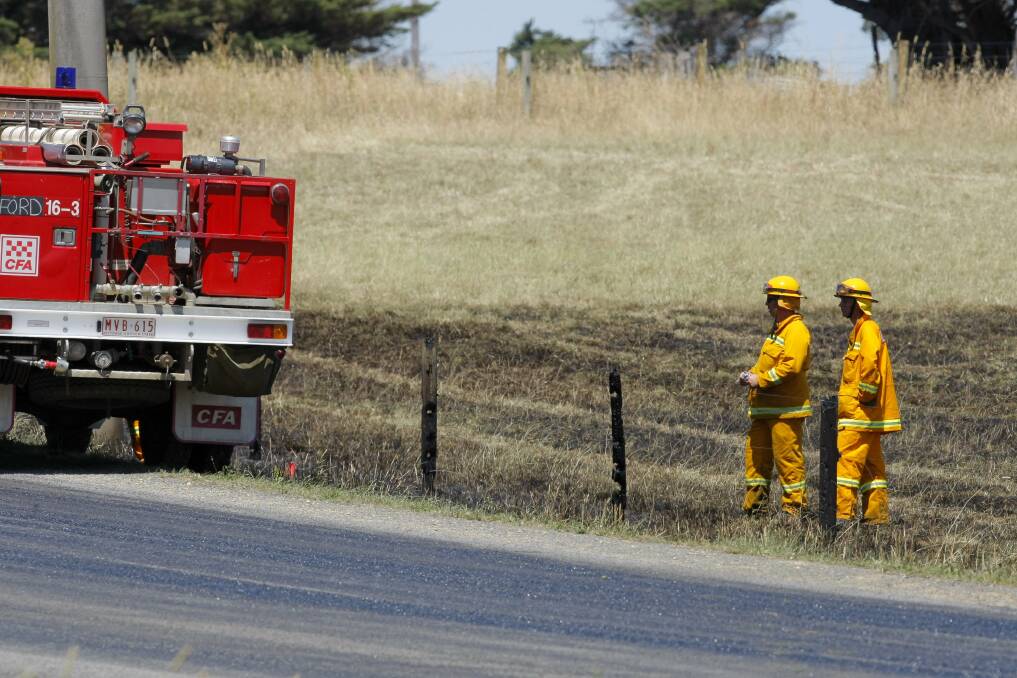 CFA members stand at the site of a small grass fire, which was brought under control along Bushfield-Tower Hill Rd. 130104RG18 Picture: ROB GUNSTONE   