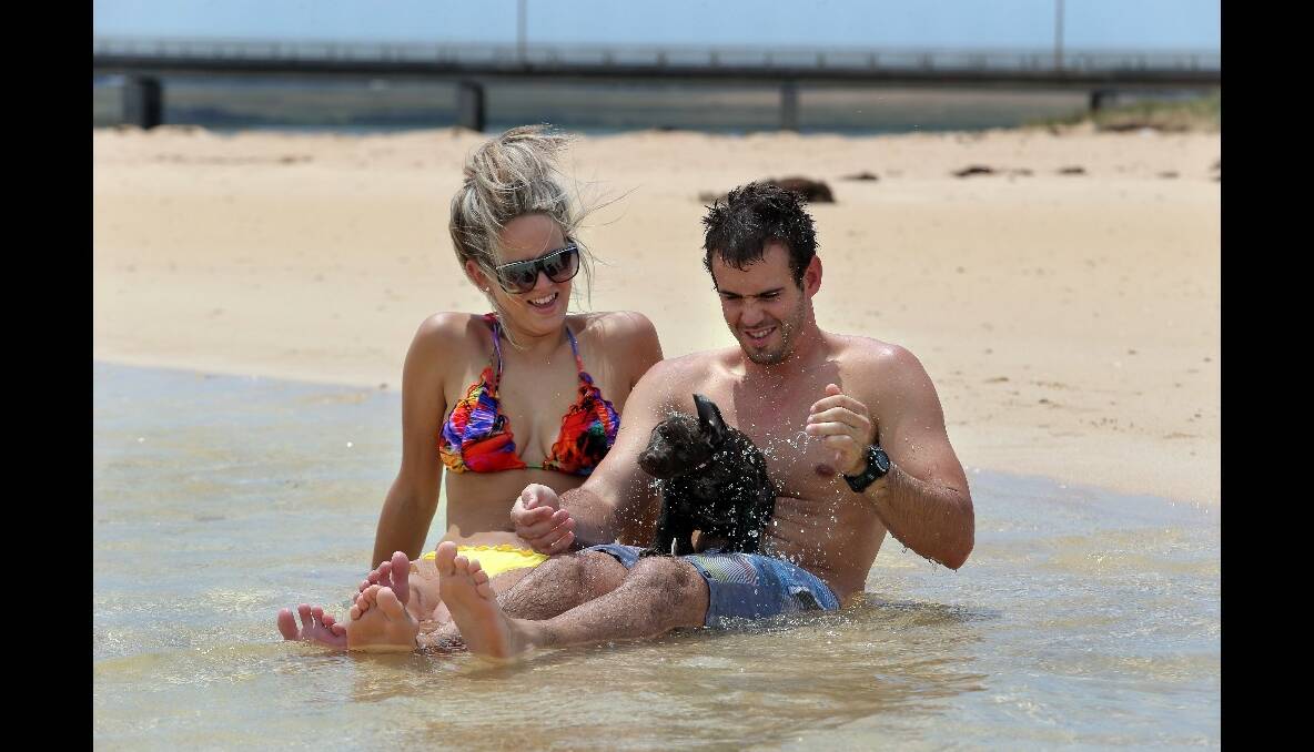 Cheree Carney and her boyfriend Daniel Pahl and there 8 week old puppy Katie cooling down at Peterborough beach