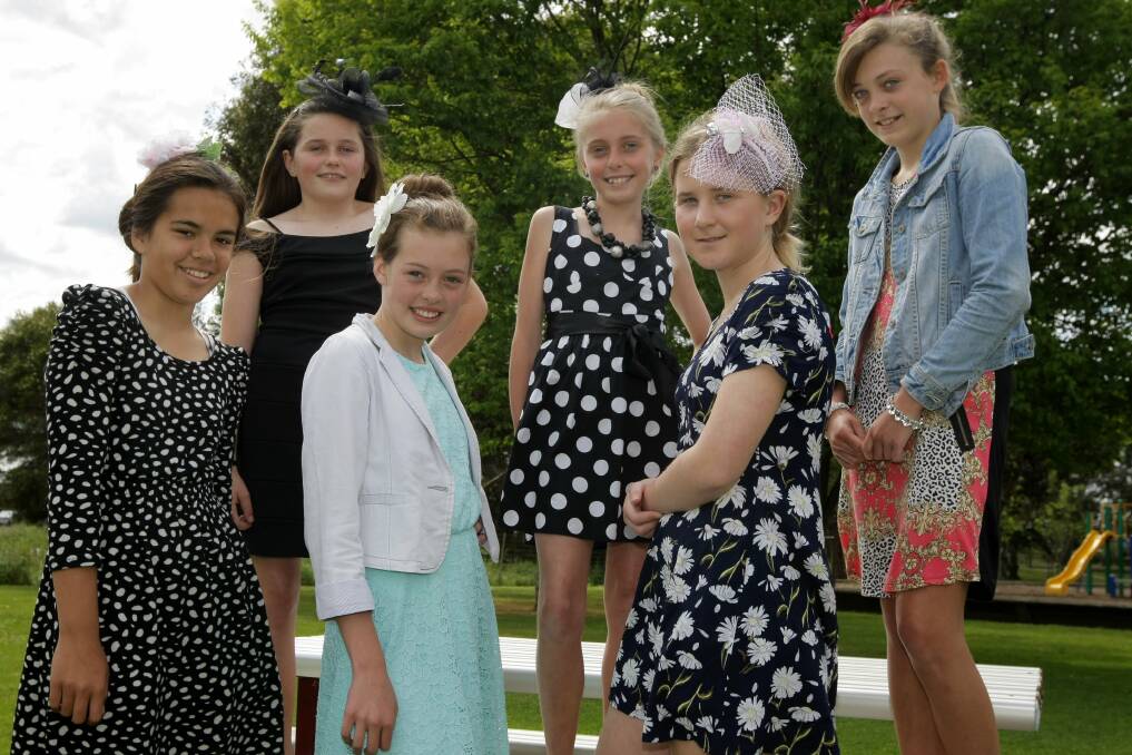 St Joseph's Primary School students (left to right) Megan Hamilton, 11, Casey Anderson, 12, Tayla Carlin, 12, Rosalie Cullum, 11, Aislinn Cowan, 12, and Ella Thornton, 11, all dressed up for the schools Melbourne Cup celebrations. 