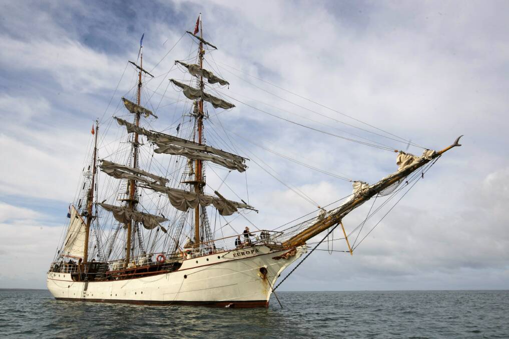 The Bark Europa sits at anchor in Lady Bay, Warrnambool. Picture: ROB GUNSTONE