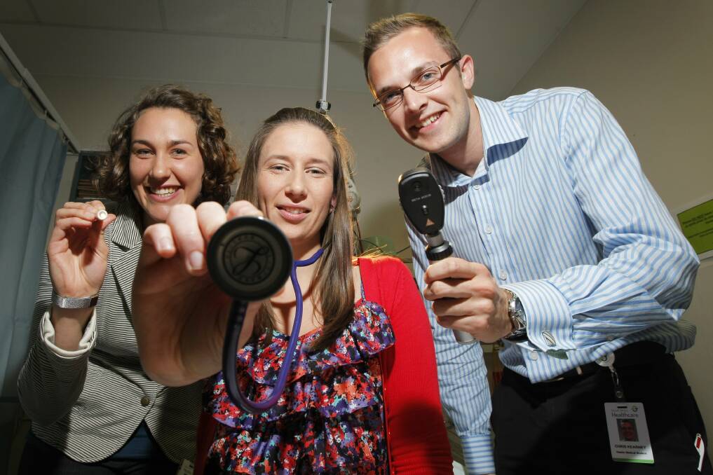 Aspiring medics Carina Webster (left), Nicole Turner and Chris Kearney are poised to become the first south-west Deakin University medical students to complete their studies at Warrnambool.