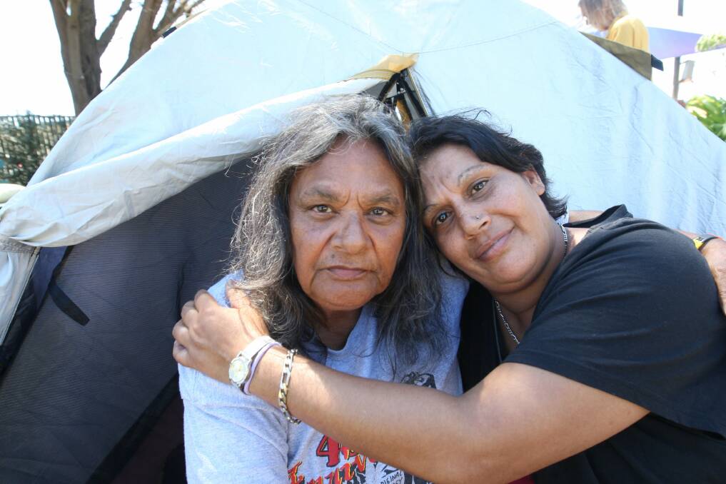 Pictured in February last year, Sandra Onus and daughter Maluda Onus at the Aboriginal tent embassy in Portland's Market Square. 