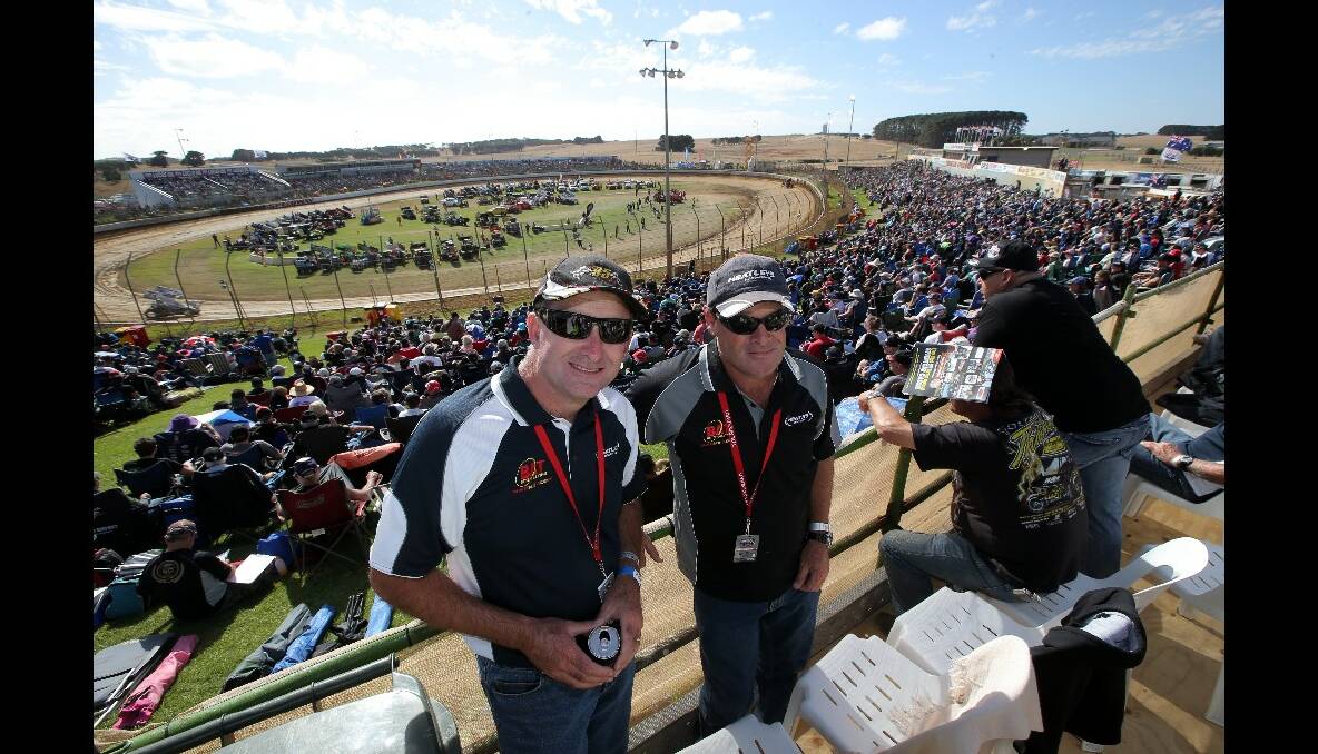 Lucas Oil Grand Annual Sprintcar Classic: Andrew Roberts, general manager Bunbury Speedway, and Spencer Roberts enjoying the show. 130126DW64 Picture DAMIAN WHITE
