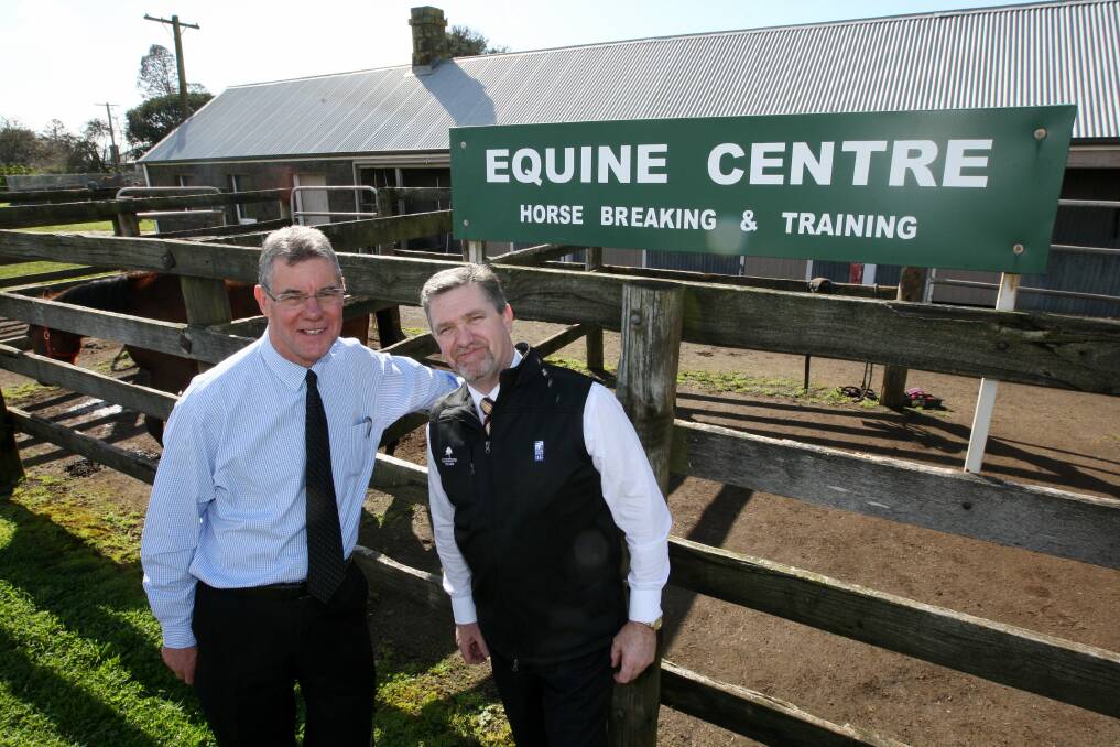 Glenormiston College's equine centre, pictured with Minister for Higher Education and Skills Peter Hall and former South West Tafe CEO Joe Piper.