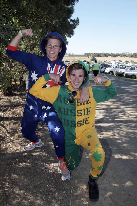 Nathan Frost and Jayden Hutchins, both of Geelong, show their Aussie pride at the speedway. Picture: ROB GUNSTONE