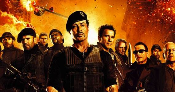 Stallone, Lundgren, Willis, Van Damme, Schwarzenegger, and Norris, together at last (not pictured in order).