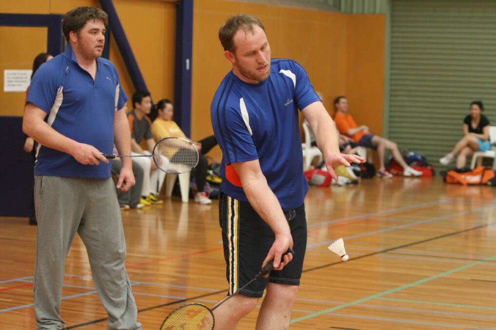 Warrnambool's Shaun Fogarty (Left) and Scott Phillips (right) in the Warrnambool Badminton Association senior tournament at The Arc. Picture: DAVE LANGLEY