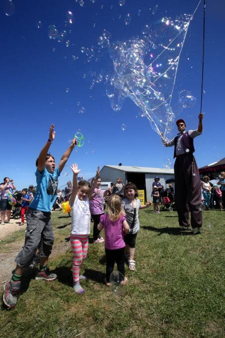 Bubble Media entertaining kids with giant bubbles at the Port Fairy Show. Picture: DAMIAN WHITE