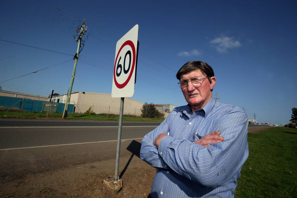 Warrnambool man Albert Turner is unhappy with the angle to road signs and wants changes from Vic Roads.  Picture DAMIAN WHITE