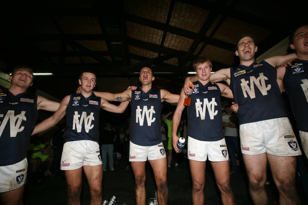 Warrnambool celebrate a finals win over Cobden. Picture: AARON SAWALL
